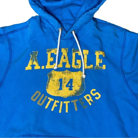 Y2K American Eagle Outfitters Blue Hoodie w/ Yellow Print Track Sweatshirt XXL - Picture 3 of 5